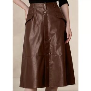 NWT Banana Republic Factory Vegan Faux Leather Brown A Line Button Midi Skirt 2